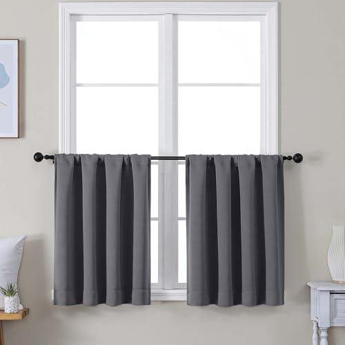 Image of Simplebrand Ava Grey Short 24 Inches Blackout Curtain 2 Panels Set, Half Window Rod Pocket Privacy Curtain Tiers for Kitchen, Curtains Blackout for Bathroom Shades, W30 x L24 Inch, Grey