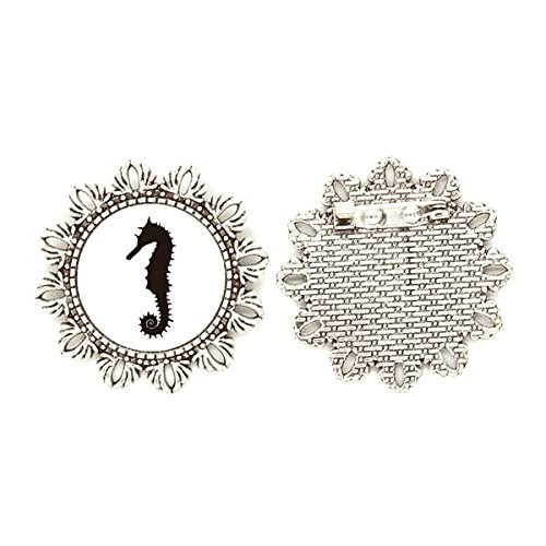 Broche de plata de hipocampo negro y vida marina en tamaño mediano para moda