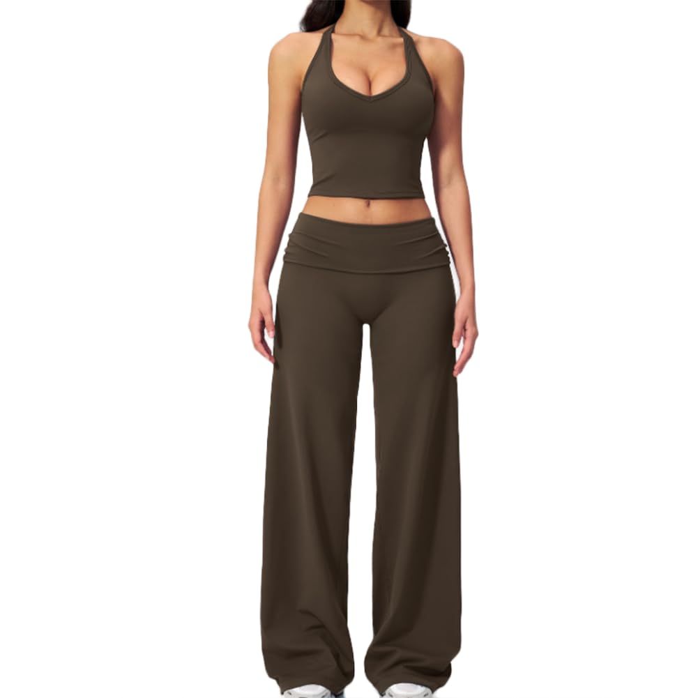 JPXJGT Women's 2pcs Lounge Set Gym Crop Top Flared Yoga Pants Workout Leggings Yoga Sweatsuit Casual Outfits Set(Size:M,Color:Brown)
