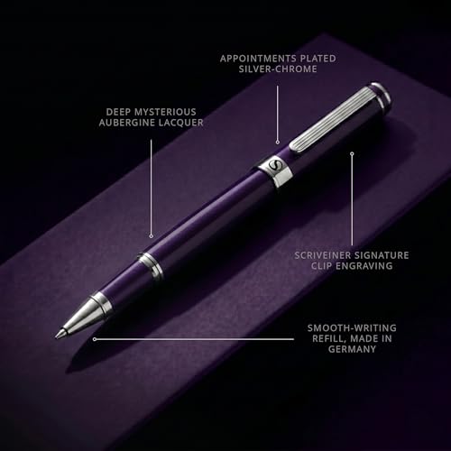 Image of Scriveiner Aubergine Rollerball Pen - Stunning Luxury Pen With Chrome Finish, Schmidt Ink Refill, Best Roller Ball Gift Set for Men & Women, Professional, Executive Office, Nice Pens