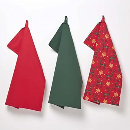 Homescapes 3er-Set Weihnachts-Geschirrtücher Rentier rot-grün, 3 Küchentücher aus 100% Baumwolle, saugfähige Geschirrhandtücher mit Weihnachts-Deko
