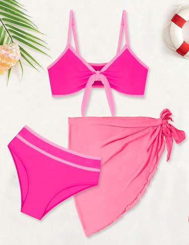 Image of Girls Swimsuit Bikini Set and Cover Up Skirt 3PCS Bathing Suit Removable Knot Dual-Use Girls Swimsuits Size 7-16