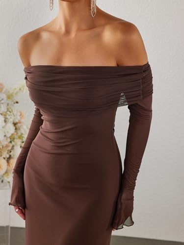 KUTUMAI Women Off Shoulder Bodycon Maxi Dress Long Sleeve Mesh Ruched Party Formal Wedding Guest Dresses4