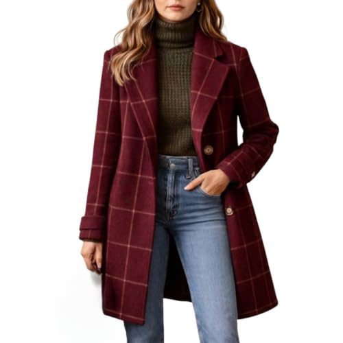 Manteau femme carreaux mi-long veste chaude col revers veste bordeaux taille S