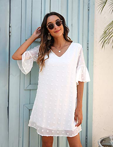Image of Blooming Jelly Womens White Dresses Short Sleeve V Neck Ruffle Cute Sun Dress Chiffon Flowy Shift Mini Dress