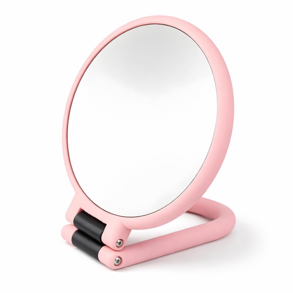 Double Sided Handheld Makeup Mirror, Round, Pink, Plastic, 1x/15x Magnification, Foldable Pedestal Stand, Travel Friendly-image-30