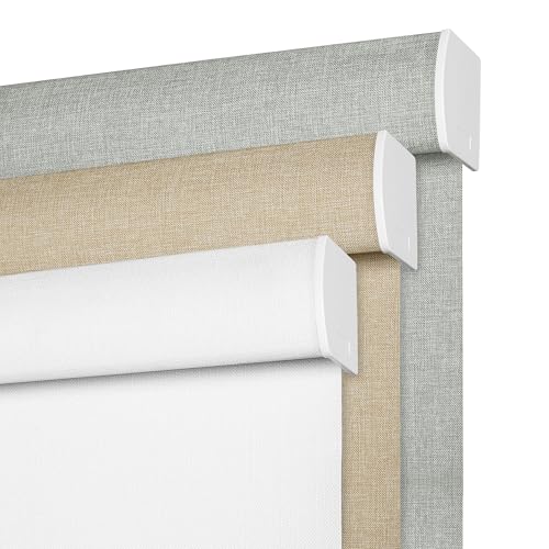 BERISSA Cordless Blackout Roller Shades for Windows,Free-Stop Linen Fabric Windows Blinds with Cassette Valance,Thermal Insulated UV Protection Roller Blinds for Home Office. White. Custom Size