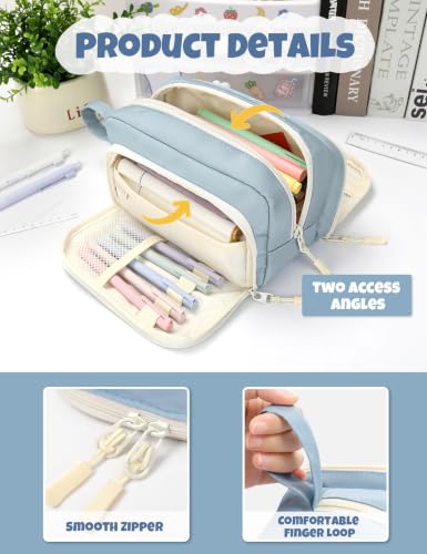 Image of SUNEE Large Pencil Case, Big Capacity Pen Pouch with 3 Compartments, Kawaii Cute Pencil Bag with Zipper, High Storage Stationery Holder and Organizer, School Supplies for Teen and Adult Girls, Blue