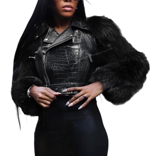 Faux Leather Jacket Women Short Stitching Fur Motorcycle Jacket Lapel Long Sleeve Street Warm Top Zip Fur Sleeves Coat (Black,Small)