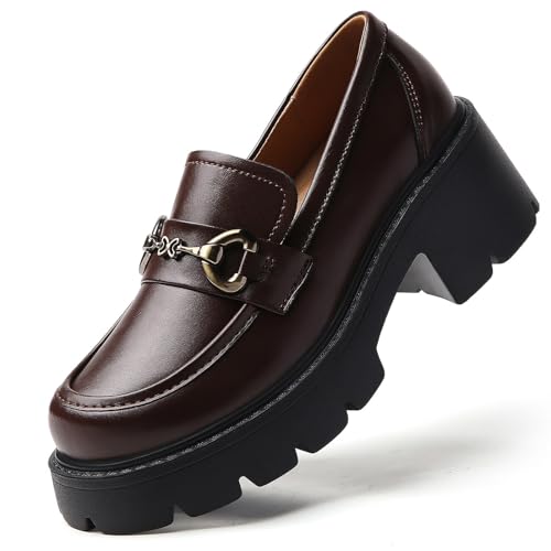Image of Chunky Loafers Women Shoes Platform Loafers Womens Loafer Heel | Comfortable Penny Lightweight Metal Buckle Work Office Dress Business Casual Formal Ladies Women's Slip-Ons