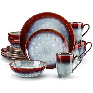 vancasso Starry 16 Pieces Red Dinnerware Set, Reactive Change Glaze Dinner Set, Plates and Bowls Set