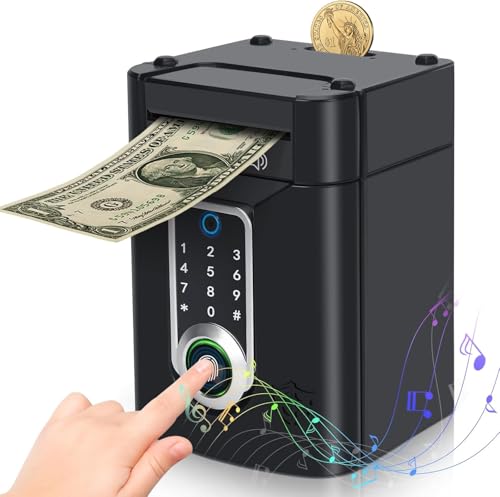 Vubkkty Piggy Bank for Kids, Simulation Fingerprint Unlock Money Box, Touchscreen Money Bank for 4 5 6 7 8 9 10 11 12 Year Old Boys Girls, Electronic ATM Money Saving Box,Birthday Christmas Toys Gifts