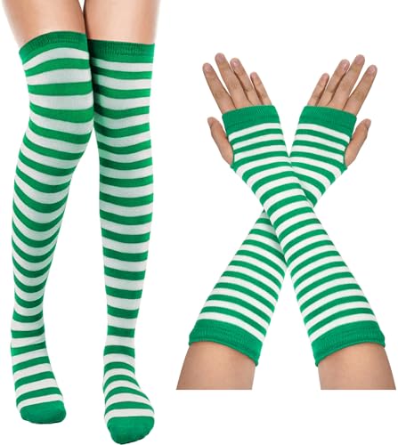 MESU Women Striped Thigh High Socks and Fingerless Gloves Set
