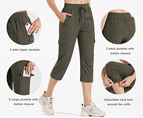 Libin Women's Cargo Capri Hiking Pants Lightweight Quick Dry Cropped Pants Summer Casual Outdoor With Zipper Pockets, Olive Green, X-Large #TOP2