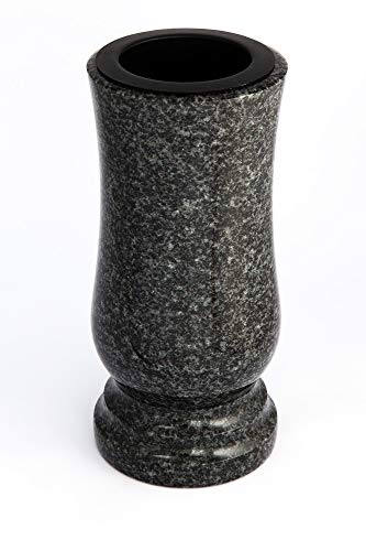 Afterglow Stilvolle Grabvase aus echtem Granit Impala hell Höhe 20 cm/Ø 10 cm Grabschmuck wetterfest frostsicher Granitvase mit Kunststoffeinsatz Friedhofsvase
