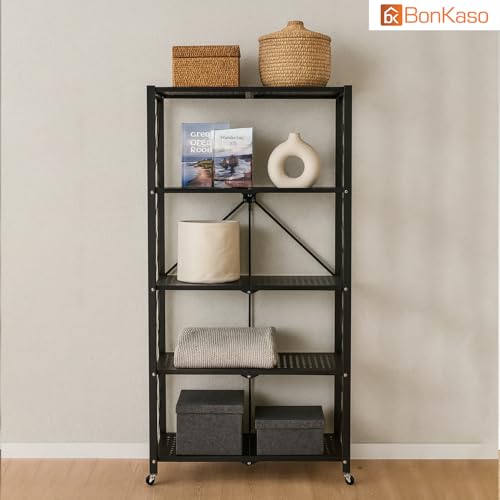 Image of BonKaso Foldable 5-Tier Kitchen Storage Rack | Heavy-Duty Metal Trolley Stand with Wheels | Movable & Multifunctional Shelf for Home, Office & Pantry | Load Capacity Upto 110kg (72x35x158 cm) - Black