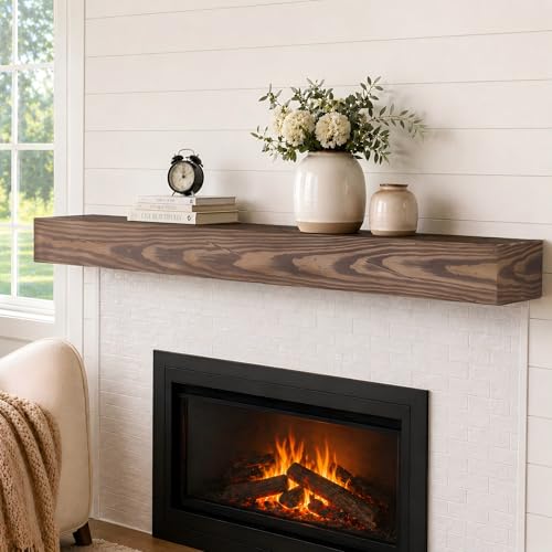 XWNE Distressed Fireplace Mantel – Wall-Mounted Mantel for Over Fireplace – Farmhouse Distressed Fireplace Mantel Shelf – Handcrafted Solid Wood Floating Mantel – 66 Inches × 8 × 6 – Walnut Finish