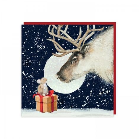 Charity Christmas Cards -Reindeeer with a Mouse Sitting on a Wrapped Gift with Flitter Finish - Eco-Friendly - Pack of 6 Cards - By Art Beat