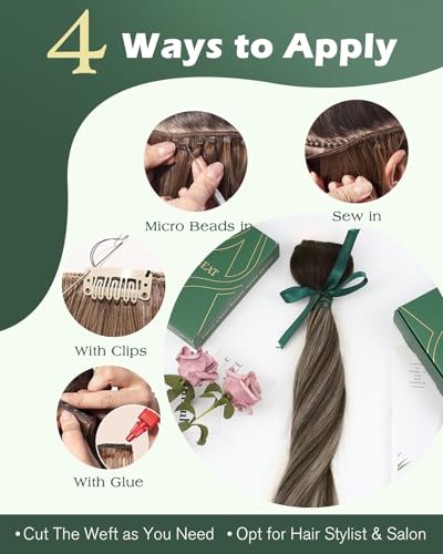 Image of Ugeat 24 Inch Weft Hair Extensions Human Hair, Sew in Weft Hair Extensions Human Hair 100g, Sew in Extensions Long Straight, Dark Brown Balayage Ash Blonde