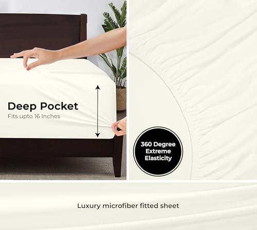 Image of Royale Linens Fitted Sheet California King - Hotel Quality -1800 Soft Wrinkle & Fade Resistant - Bottom Sheet - Deep Pocket Stretches Upto 16 inch - Fitted Sheet Only - Elastic Sheet (King Cal, Ivory)