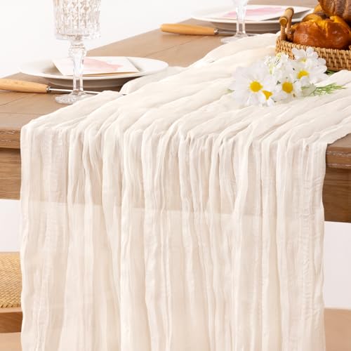 Image of MLMC 2 Pack Ivory White Table Runner Rustic Gauze Cheesecloth Table Runner 10ft Cheese Cloth Centerpiece Decor 35x120 Inches for Dessert Anniversary Wedding Bridal Baby Shower Decor