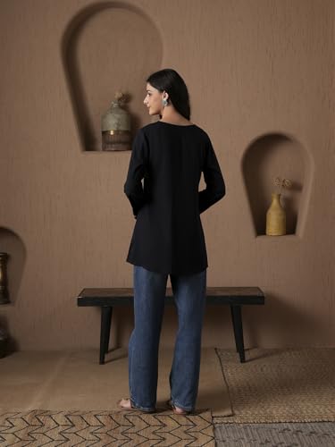 Image of QAZMI Women's Aari Embroidered Viscose Rayon A-Line Flared Short Kurti