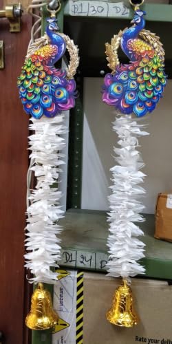 Image of Peacock Door Hanging Toran with White Flower Garland and Bell