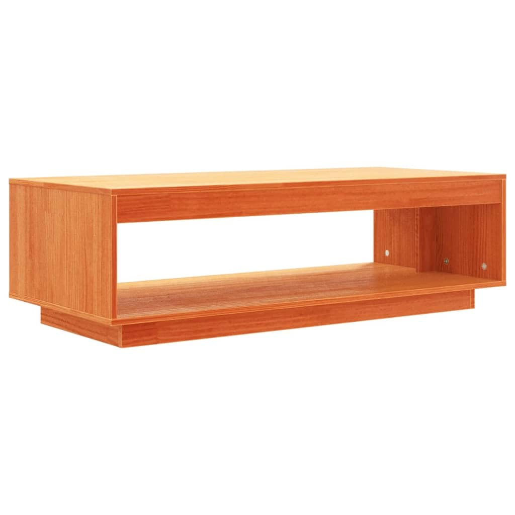 Mesa de centro marrón cera, madera de pino maciza, 110 x 50 x 33,5 cm, con estante y espacio de almacenamiento, moderna mesa de sofá para salón y sala de estar