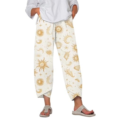 Image of DMOYALA Linen Pants for Women Summer Casual Wide Leg Capri Pants Loose Fit Palazzo Pants Cropped Beach Pants with Pockets