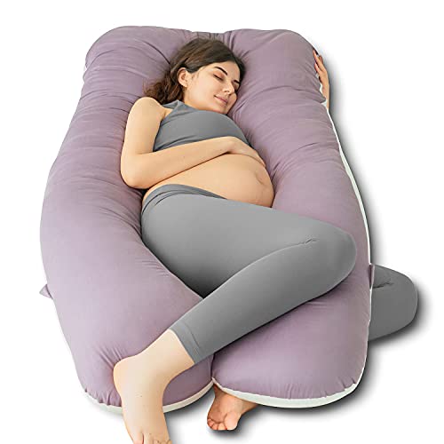 QUEEN ROSE Pregnancy Pillows, Organic Cotton U Shaped Body Pillow for Sleeping, 60 Inch Cooling Maternity Pillow for Pregnant Women Support, with Reversible Sateen Cover, Purple and White