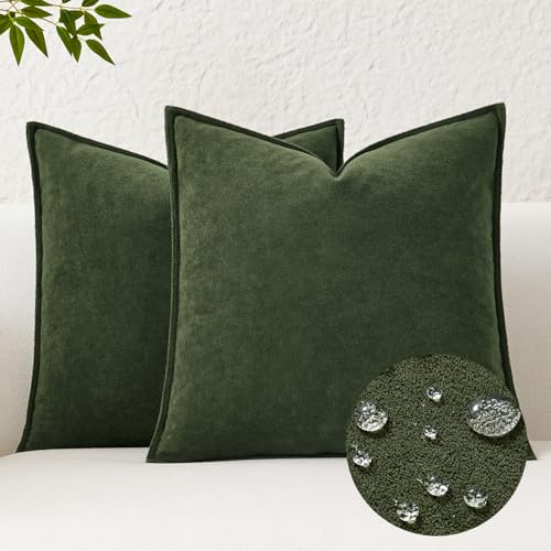 Kevin Textile Spring Waterproof Decorative Pillow Covers Moss Green 20x20 Inch Pack of 2 Soft Boucle Textured Throw Pillowcases Elegant Accent Pillows for Couch Sofa Chair Bed Indoor Outdoor