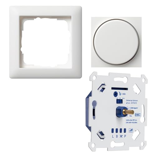LED-Dimmer 3-250W Digital nur 16 mm Einbautiefe 2-Draht-Technik zur Nachrüstung LED Halogen Glühlampen Komplettset mit Gira-Standard 55 reinweiß seidenmatt Phasenanschnitt und Phasenabschnitt