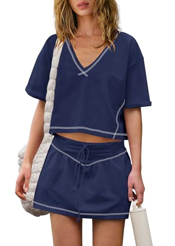 Nirovien Womens 2 Piece Workout Sets Summer Athletic Outfits Short Sleeve Crop Tops and Skirt with Shorts Set