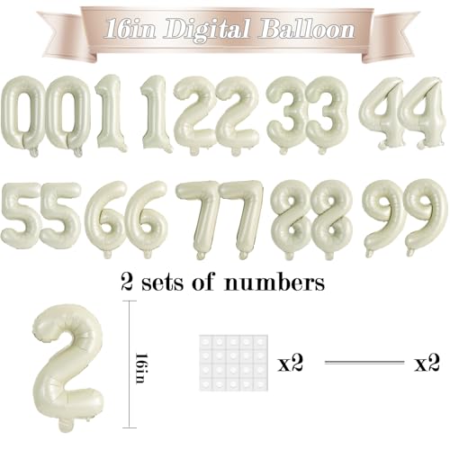 Image of TONIFUL 20Pcs Number Balloon 2 Set 16 Inch Cream White 0-9 Numbers Balloons | Small Custom Digital Mylar Foil Ballons for Boho Birthday Engagement Graduation Anniversary Baby Shower Party Decorations