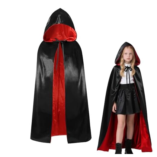 YIMOJOY Disfraz de Vampiro de Halloween Capa de satén para niños con Capucha 120 cm Capa de Vampiro de Doble Cara Niña para Halloween Carnaval Fiesta de Disfraces Medievales (S)