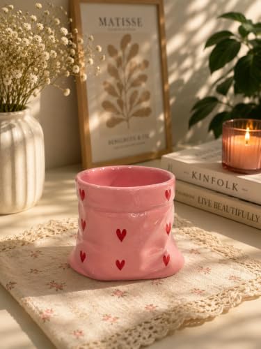 Image of Handmade Heart Print Ceramic Pouch Coffee Mug - Aesthetic Pink Tea Cup for Coffee Milk Espresso, Cute Pottery Style Designer Mug for Women Girls Home Cafe Use