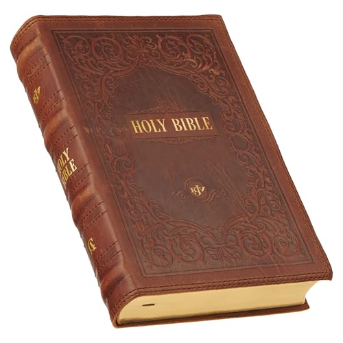 Image of KJV Holy Bible, Giant Print Standard Size Premium Full Grain Leather Red Letter Edition - Thumb Index & Ribbon Marker, King James Version, Brown Debossed, 14 pt. Type