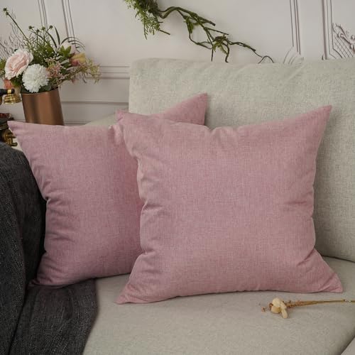 YOUR SMILE Pack of 2 Canves Faux Linen Throw Pillow Covers 18x18inch Square Rustic Farmhouse Decorative Burlap Pillowcases Cushion Covers for Couch Bed Sofa Living Room Baby Pink