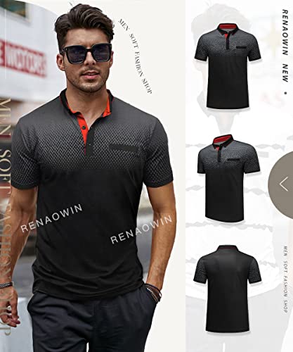 Renaowin Men's Short Sleeve Polo Shirts With Front Pocket Casual Basic Quick-Dry Button Up Golf Tee Shirts For Men,Us 43(L),Black #TOP2