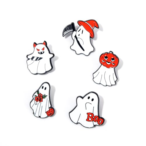 Image of 5Pcs Halloween Ghost Enamel Brooch - Pumpkin Reaper /Death's Scythe Devil Boo Lapel Pin - Cute Flower Smile Heart leaves Pattern Badges Gifts for Women Men