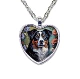 Super Cute Tri-color Aussie Shepherd Doggie - Handmade HEART-shaped glass pendant necklace jewelry (30, Inches)