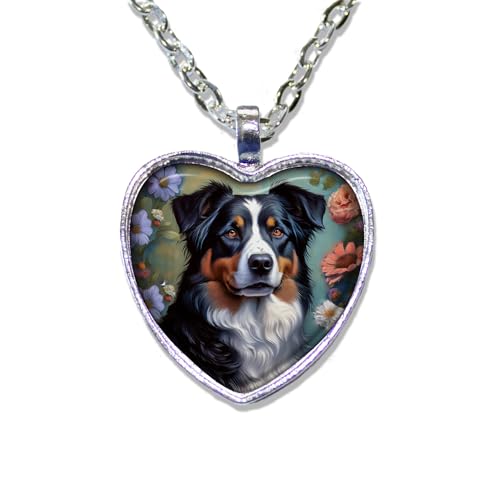 Super Cute Tri-color Aussie Shepherd Doggie - Handmade HEART-shaped glass pendant necklace jewelry (30, Inches)