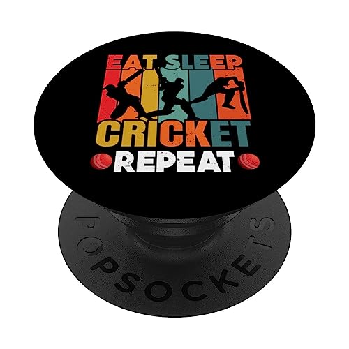 Eat Sleep Cricket Repeat Funny Cricket Player Vintage Tee PopSockets Swappable PopGrip, Black