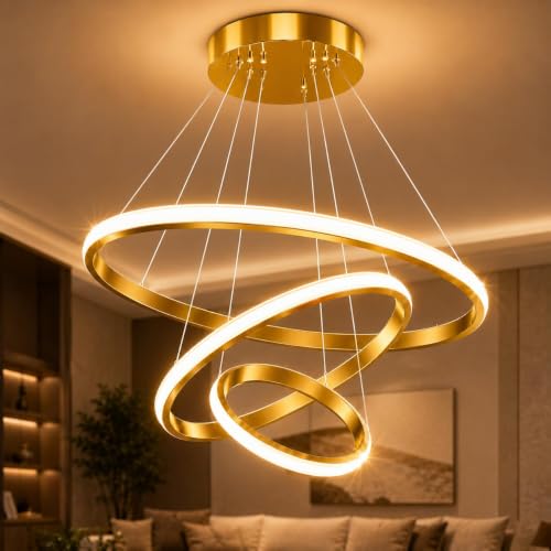 Image of Modern 3 Ring LED Pendant Chandelier, Premium Golden Finish, 3 Color Changing Modes, Adjustable Hanging Light for Living Room, Dining Room, Bedroom, Hotel & Restaurant Decor