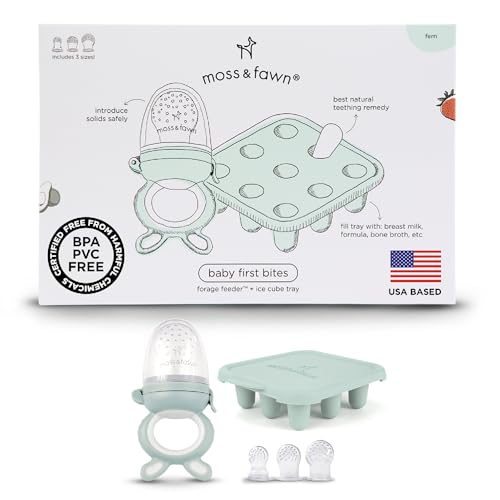 Moss and Fawn Babys First Bites Bundle - Silicone Frozen Breast Milk Popsicle Kit with Forage Feeder & Teething Popsicle Ice Cube Tray - BPA PVC & Lead-Free - Fern