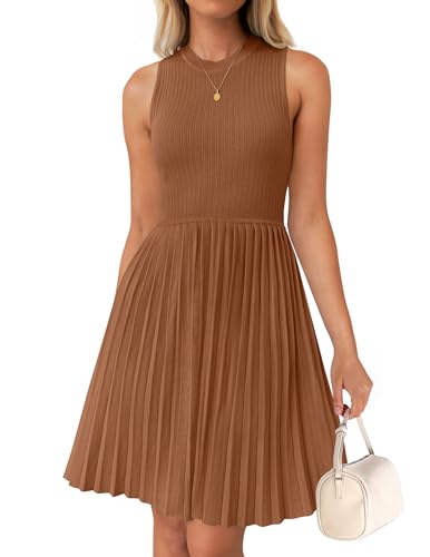 ZESICA Women's Summer Sleeveless Mini Dress 2025 Crewneck Knit A Line Pleated Swing Casual Basic Short Dress,Caramel,Medium