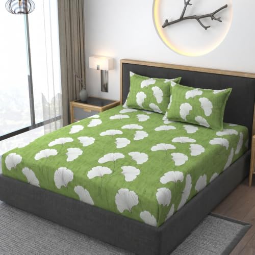 Image of Premium Heavy Cotton Elastic Fitted Bedsheets with 2 King Size Pillow Covers || Double Bed with All Around Elastic 350 TC || 60 x 78 x 8 Inch Queen Size Fitted || :- Green Jhaad