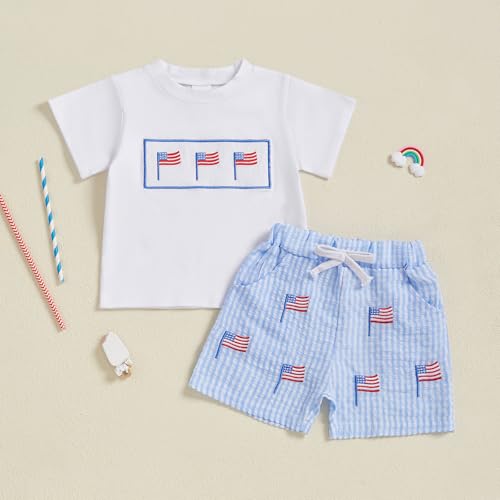 Image of Kayotuas Fourth Of July Toddler Boy Outfit Baby American Flag Clothes Patriotic Shirt Striped Gingham Shorts 2Pcs Summer Sets