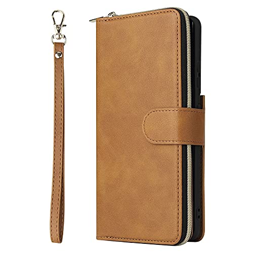 Hülle für Samsung Galaxy S21 Ultra mit Kartenfach, Reißverschlusstasche Geldbörsenhülle Flip Lederhülle Mit Handschlaufe Tragetasche,Braun
