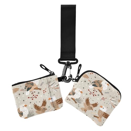 Beige Playful Birds Women's Dual Wallets Business Card Cases Small Detachable Zipper Cash Coin Purse with Zipper Pocket for Work Travel 2 Packs